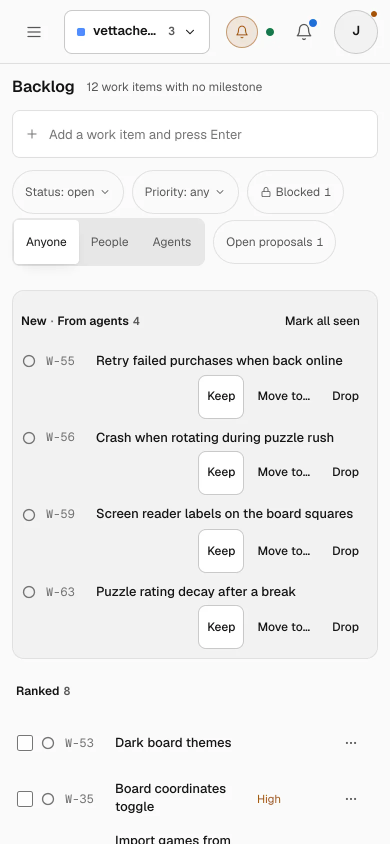 The backlog on a phone: four items New from agents, each with Keep, Move to and Drop, then the ranked list.