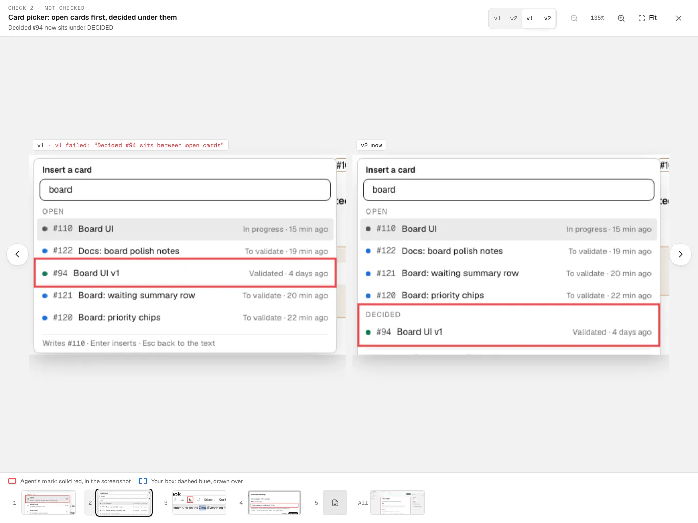 The evidence viewer comparing v1 and v2 of a check, Card picker: open cards first, decided under them. In v1 the decided card #94 sits between open cards, marked in red by the agent; in v2 it sits under Decided.