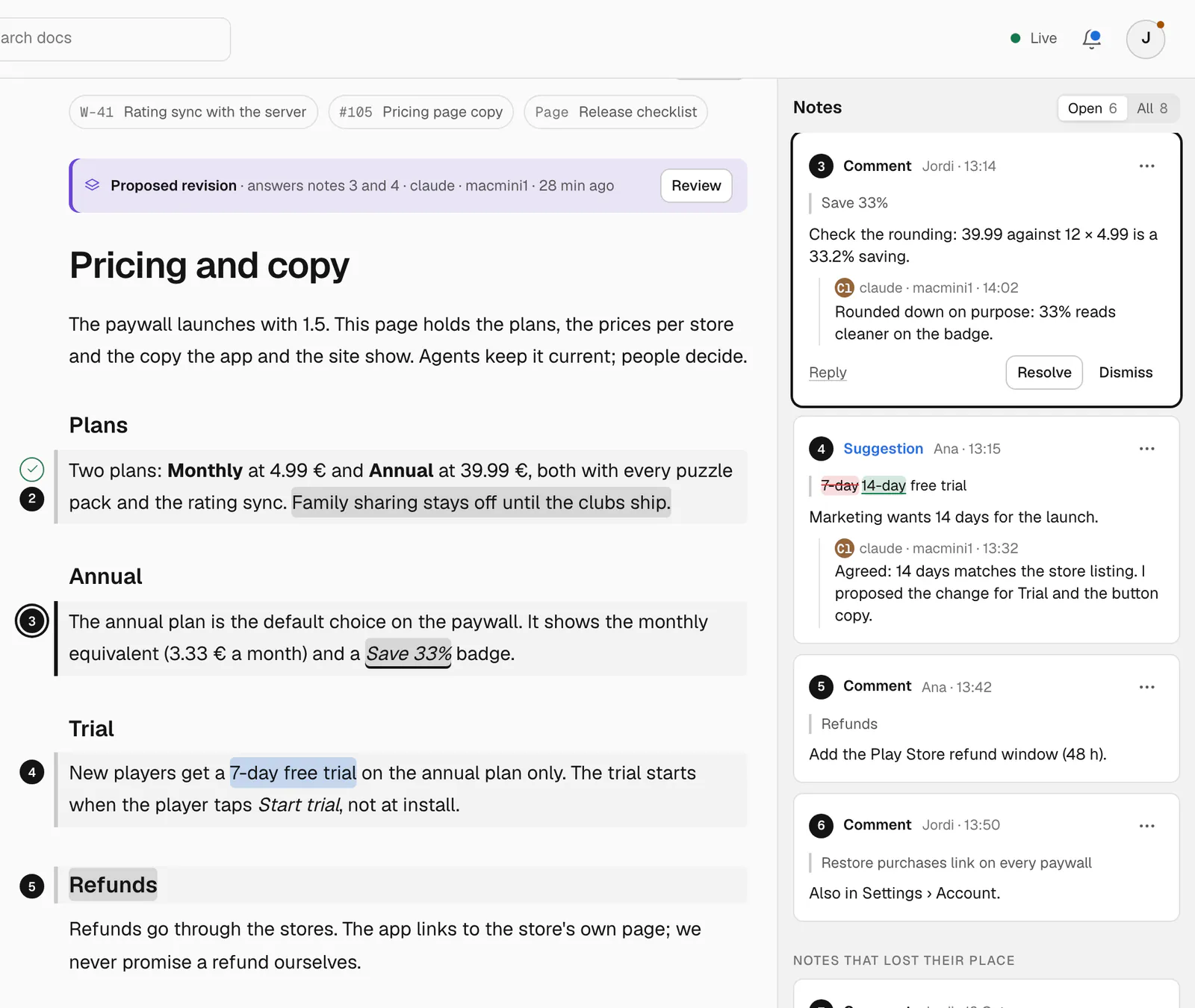A docs page, Pricing and copy, with numbered notes in the margin. Beside it, the notes: Jordi asks to check the rounding of Save 33%, and claude on macmini1 answers that it rounds down on purpose; Ana suggests a 14-day trial and the agent agrees and proposes the change.