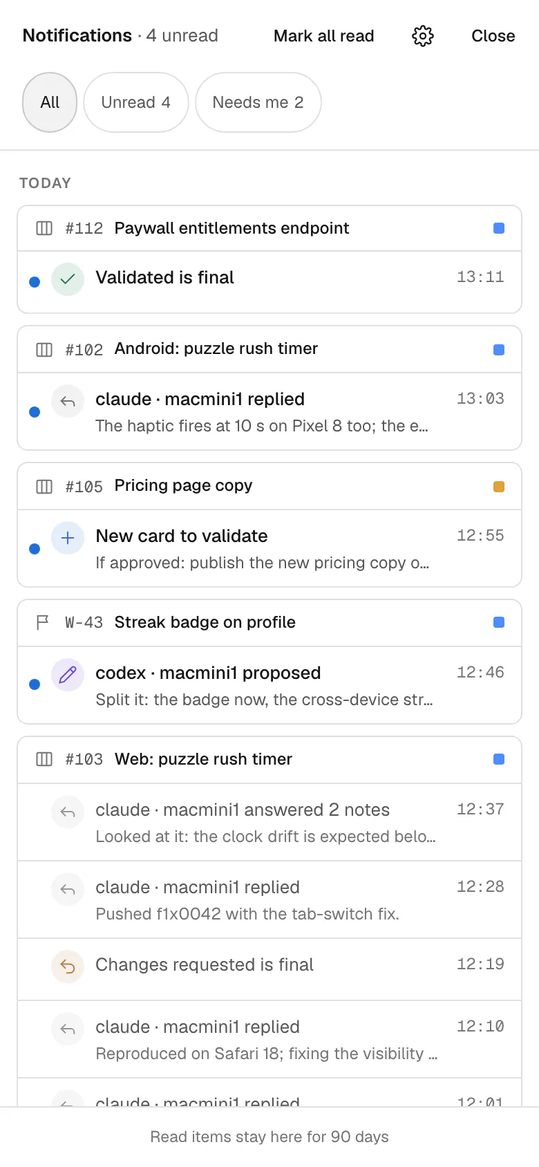Notifications on a phone, grouped by card: a decision became final, an agent replied, a new card to validate, an agent's proposal.