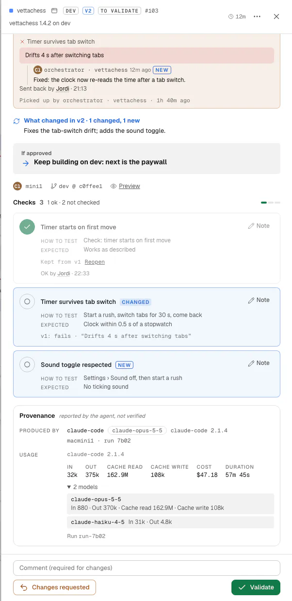 Version 2 of a card: the failed check from v1 with the agent's reply, “Fixed: the clock now re-reads the time after a tab switch”, what changed in v2 (1 changed, 1 new), and the checks: one kept from v1, one changed and one new.