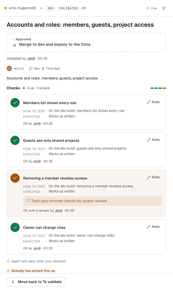 A card in detail: four checks, each with how to test it and the expected result, ticked OK by Jordi, and the decision: approved, merge to dev and deploy.